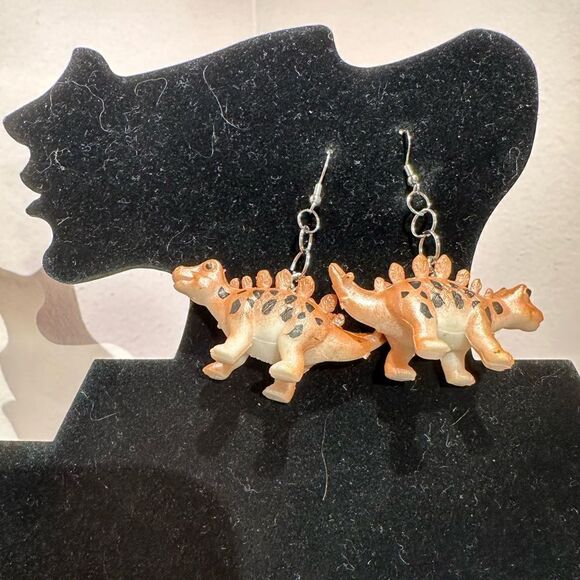 Earrings Pierced Dinosaur Silver Dangly Exaggerated Handmade Costume Jewelry - Picture 6 of 8